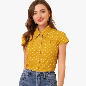 Allegra K Mustard Polka Dot Button Down Shirt 3X